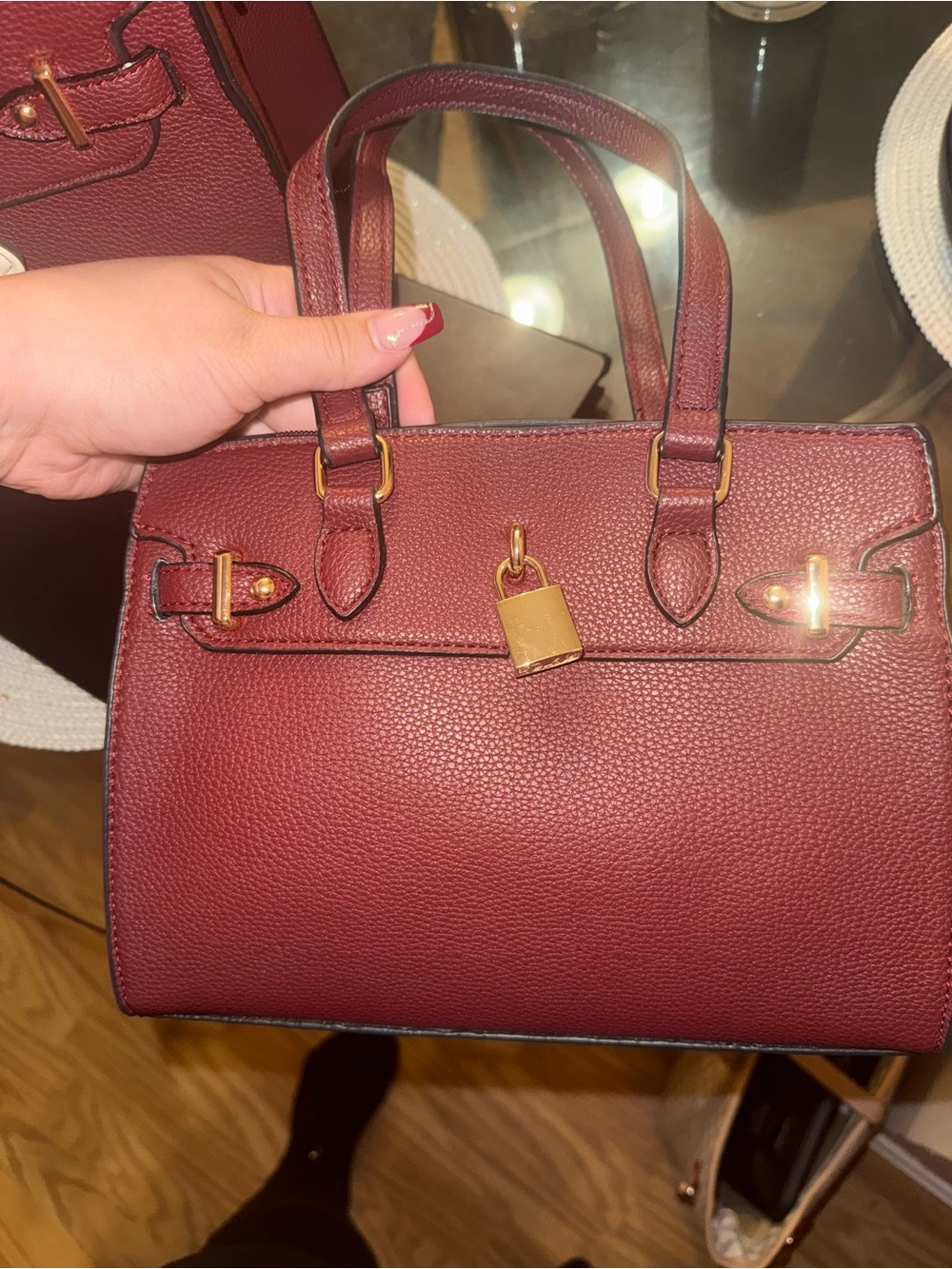 Designer-Style Burgundy Leather Satchel with Gold Hardware